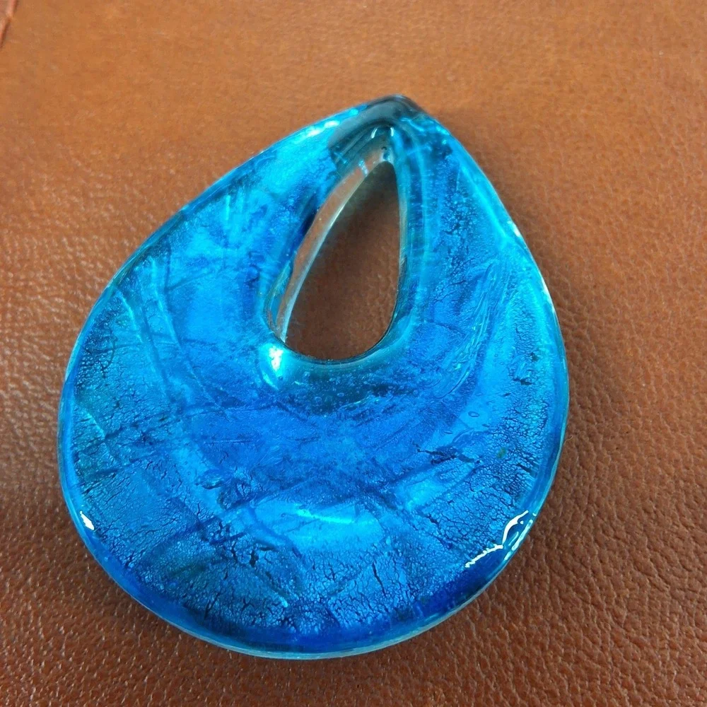 Blue Murano Style Art‎ Glass Teardrop Pendant Silver Foil Aventurine 1.75